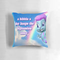 A white pillow with the text "a bibble a days keeps the depression away" printed on it.
