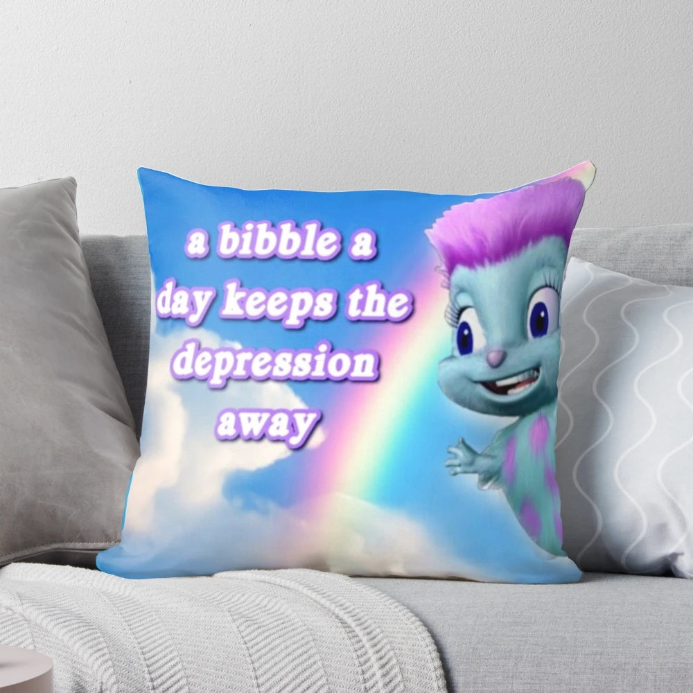 A white pillow with the text "a bibble a days keeps the depression away" printed on it.