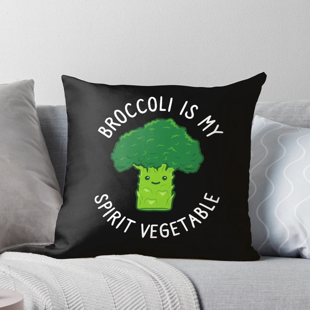 A cozy pillow with the text "Broccoli Is My Spirit Vegetable" printed on it, perfect for broccoli lovers.