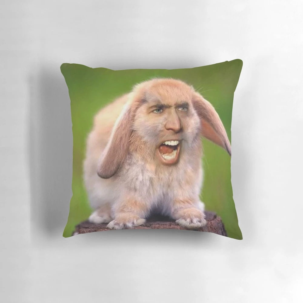Photoshop pillow featuring a bunny with the face of actor Nicolas Cage