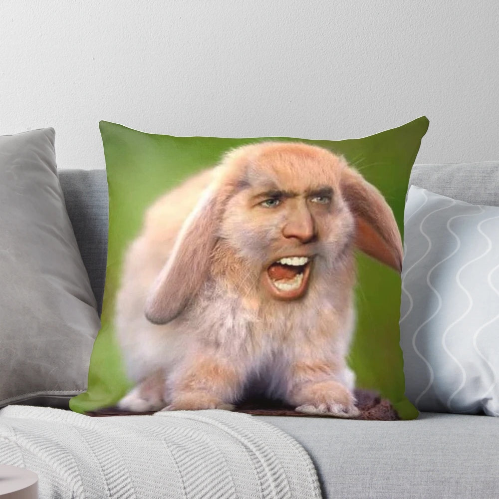 Photoshop pillow featuring a bunny with the face of actor Nicolas Cage