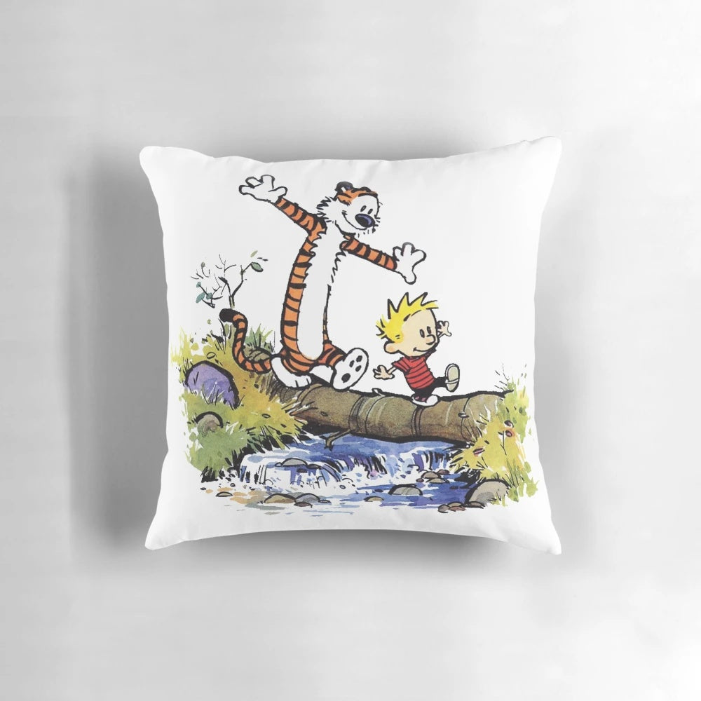 A vibrant and humorous Calvin and Hobbes-inspired decorative pillow