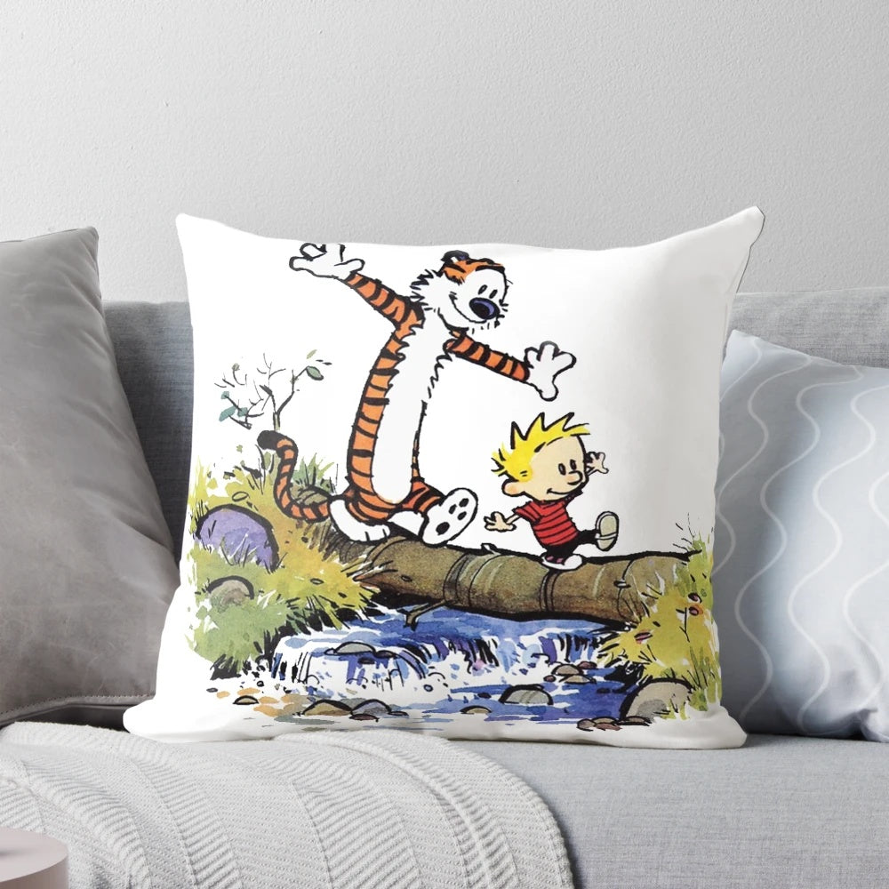 A vibrant and humorous Calvin and Hobbes-inspired decorative pillow