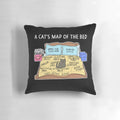 Graphic illustration of a cat sleeping on a "map" of the bed, with zoned areas labeled like "purring zone", "wake for food", etc.