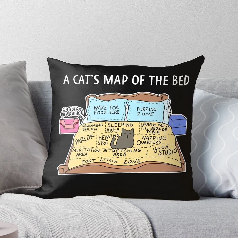 Graphic illustration of a cat sleeping on a "map" of the bed, with zoned areas labeled like "purring zone", "wake for food", etc.