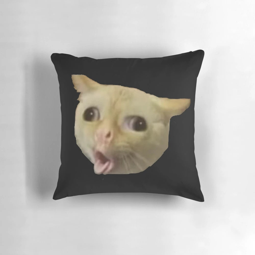 Throw pillow featuring a funny cat coughing meme pattern, with a cute kitten coughing in a humorous way.