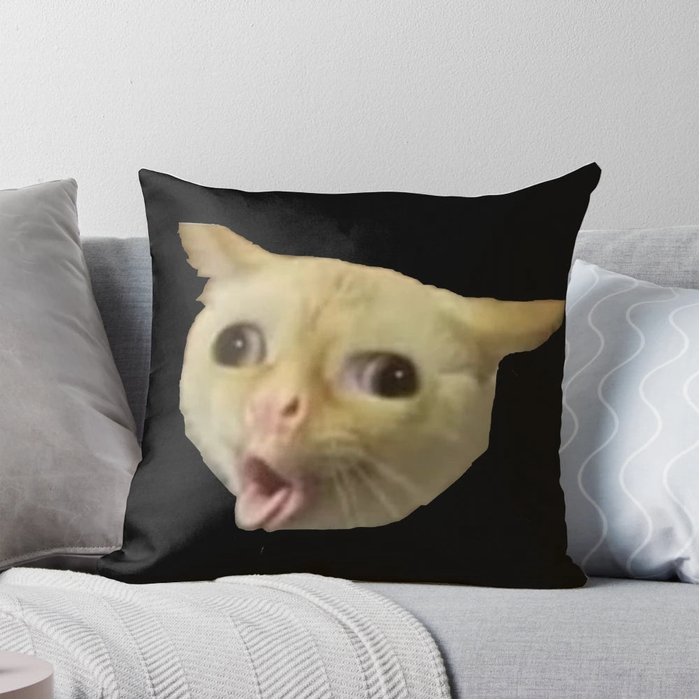 Throw pillow featuring a funny cat coughing meme pattern, with a cute kitten coughing in a humorous way.