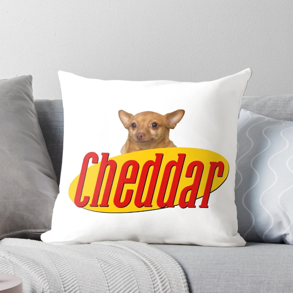 Cheddar Show themed decorative throw pillow with a whimsical and humorous design