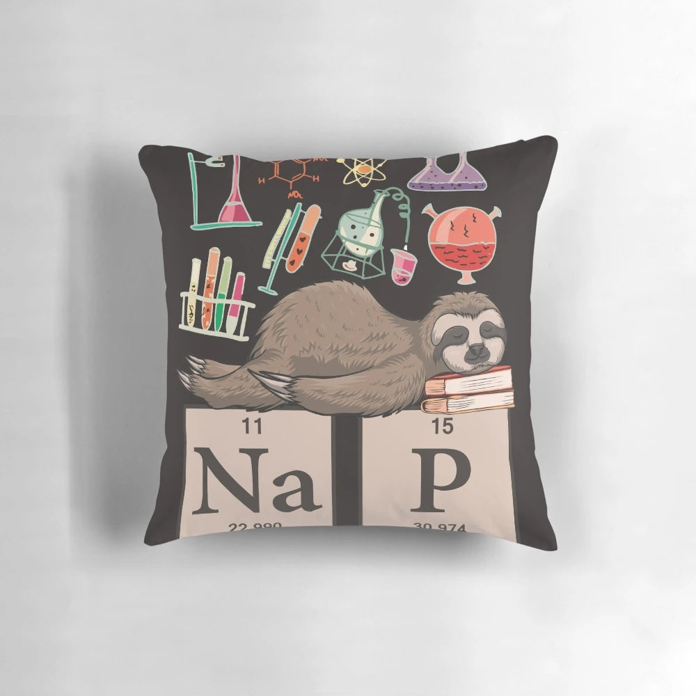 Funny chemistry-themed sloth art home decor pillow with molecular structures and periodic table elements.