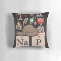 Funny chemistry-themed sloth art home decor pillow with molecular structures and periodic table elements.