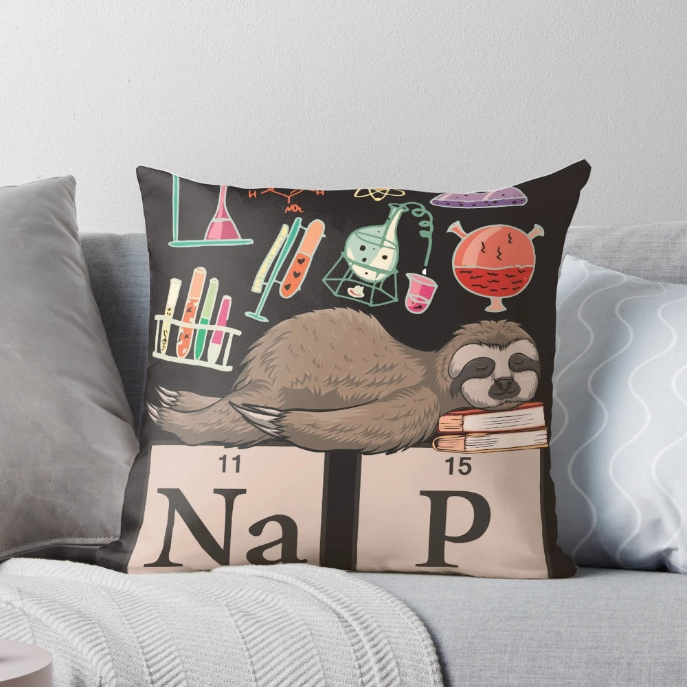 Funny chemistry-themed sloth art home decor pillow with molecular structures and periodic table elements.