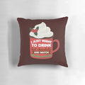 Funny Christmas pillow with a hand-drawn design of a person drinking hot chocolate while watching holiday movies.