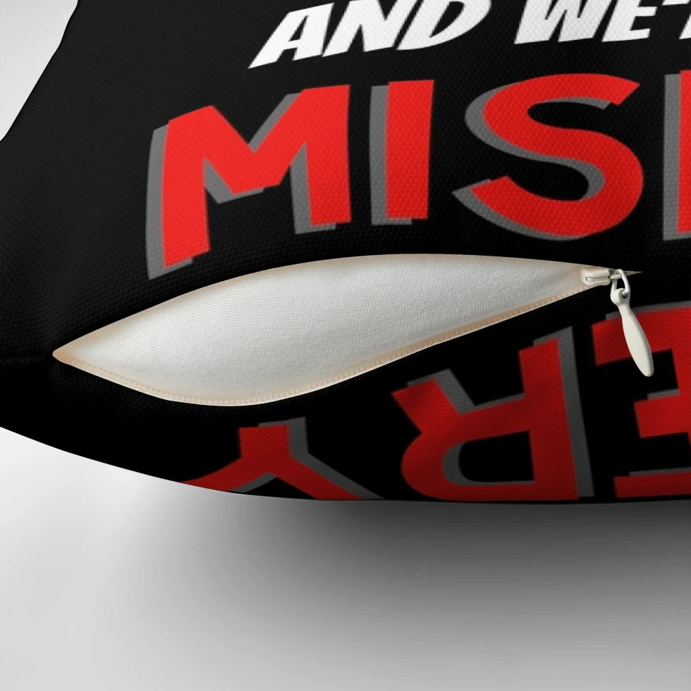 Funny Christmas throw pillow with text "I don't know what to say except it's Christmas and we're all in misery