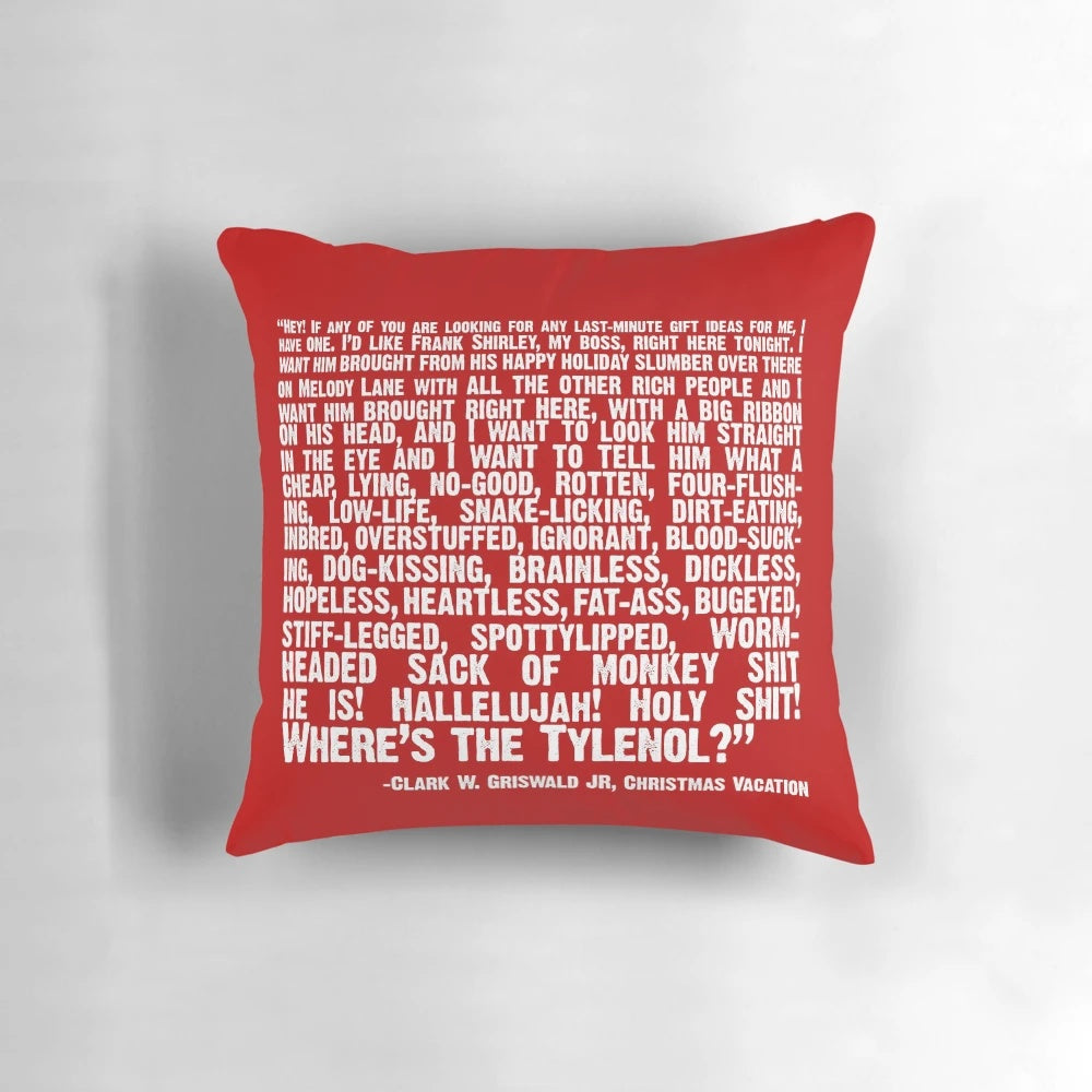 Funny Christmas Vacation Quote Pillow featuring the iconic "Where's the Tylenol?" quote