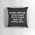 Funny college dorm pillow with the text "Be Safe, Have Fun, Go to Class, Don't Do Stupid Shit"