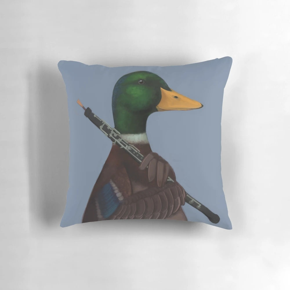 A decorative duck-shaped pillow with an oboe musical instrument, creating a whimsical and humorous animal musician design.