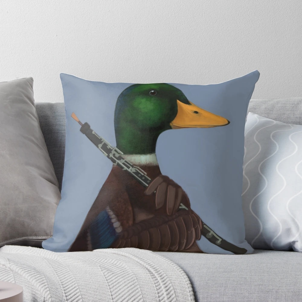 A decorative duck-shaped pillow with an oboe musical instrument, creating a whimsical and humorous animal musician design.