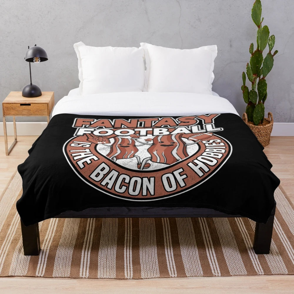 Plush blanket with fantasy football and bacon lover design