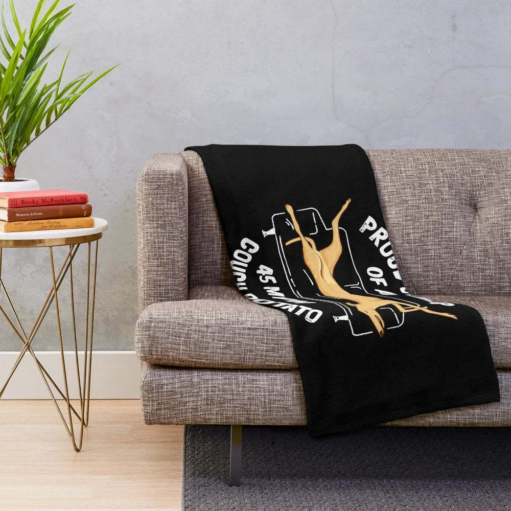 Fawn greyhound plush blanket with 'Proud Owner of a 45MPH Couch Potato' text