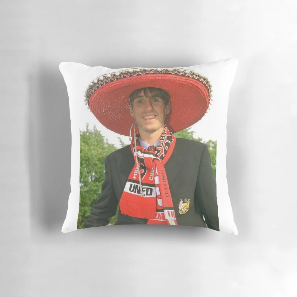Decorative throw pillow featuring a funny digital art portrait of Gary Neville, a renowned English football coach and pundit.