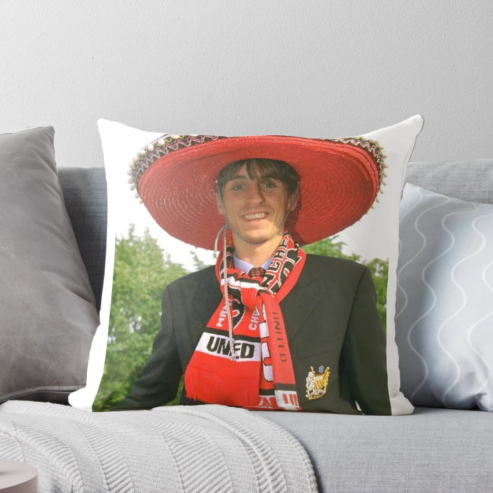 Decorative throw pillow featuring a funny digital art portrait of Gary Neville, a renowned English football coach and pundit.