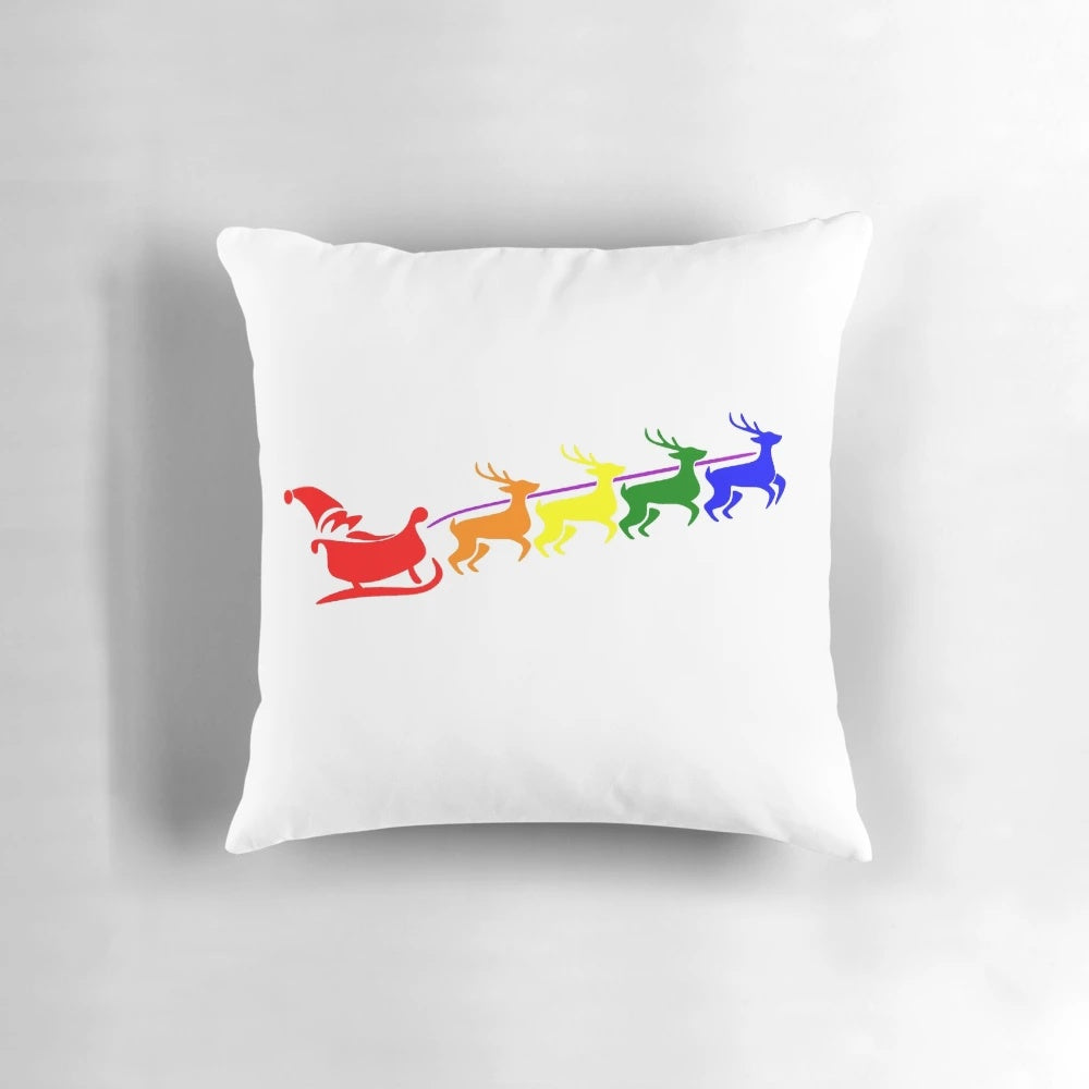 Colorful pillow featuring a rainbow-themed Santa Sleigh design, perfect for pride and Christmas celebrations.