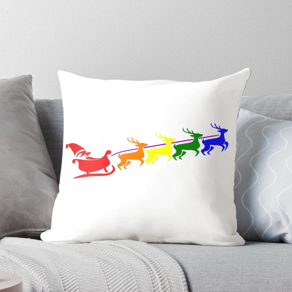 Colorful pillow featuring a rainbow-themed Santa Sleigh design, perfect for pride and Christmas celebrations.