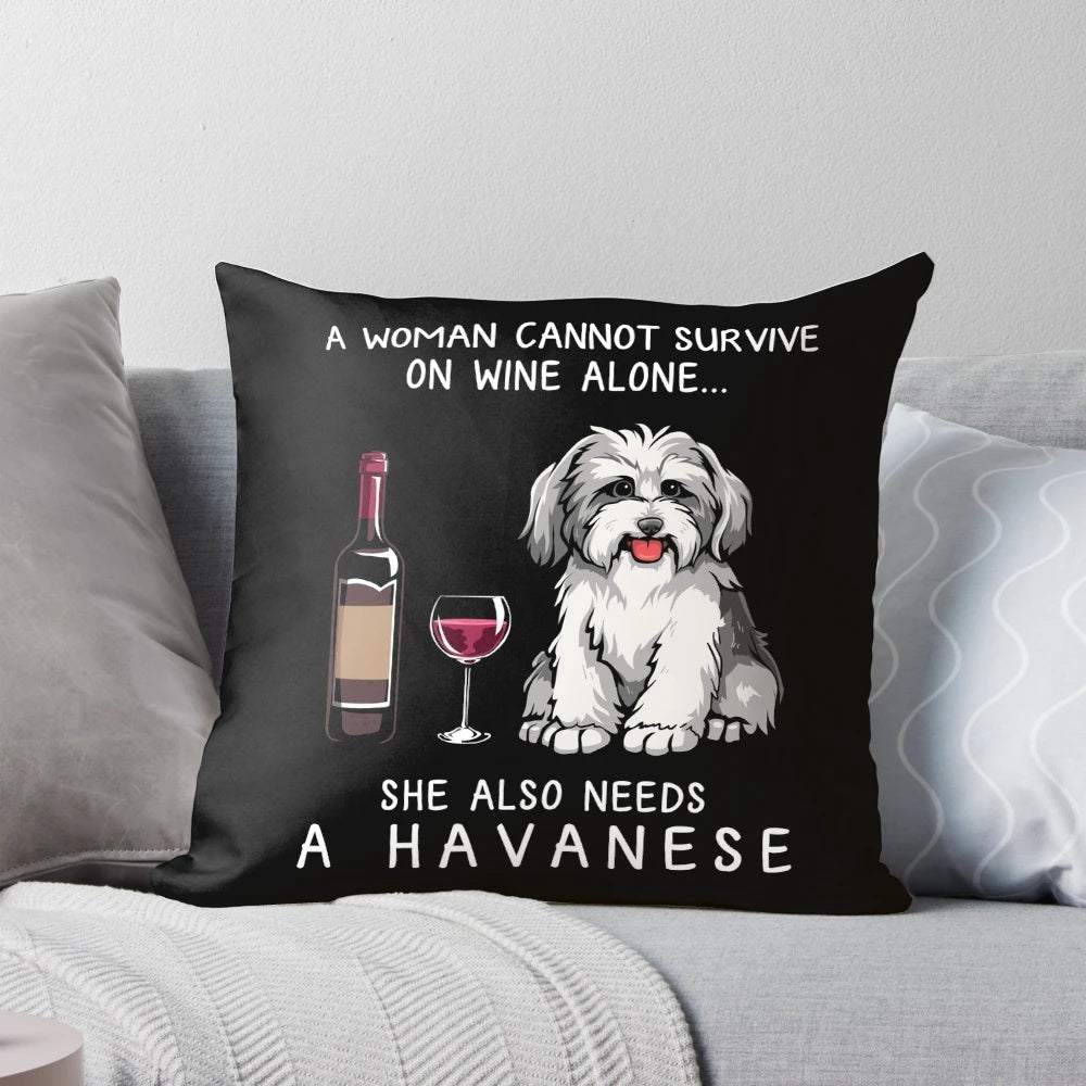 Havanese dog sitting on a Pillow with a glass of wine, humorous dog home decor