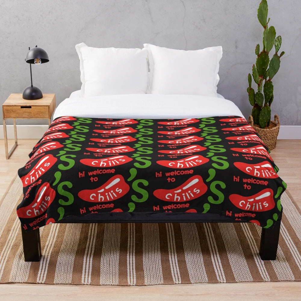 Hi Welcome to Chili's" themed plush blanket