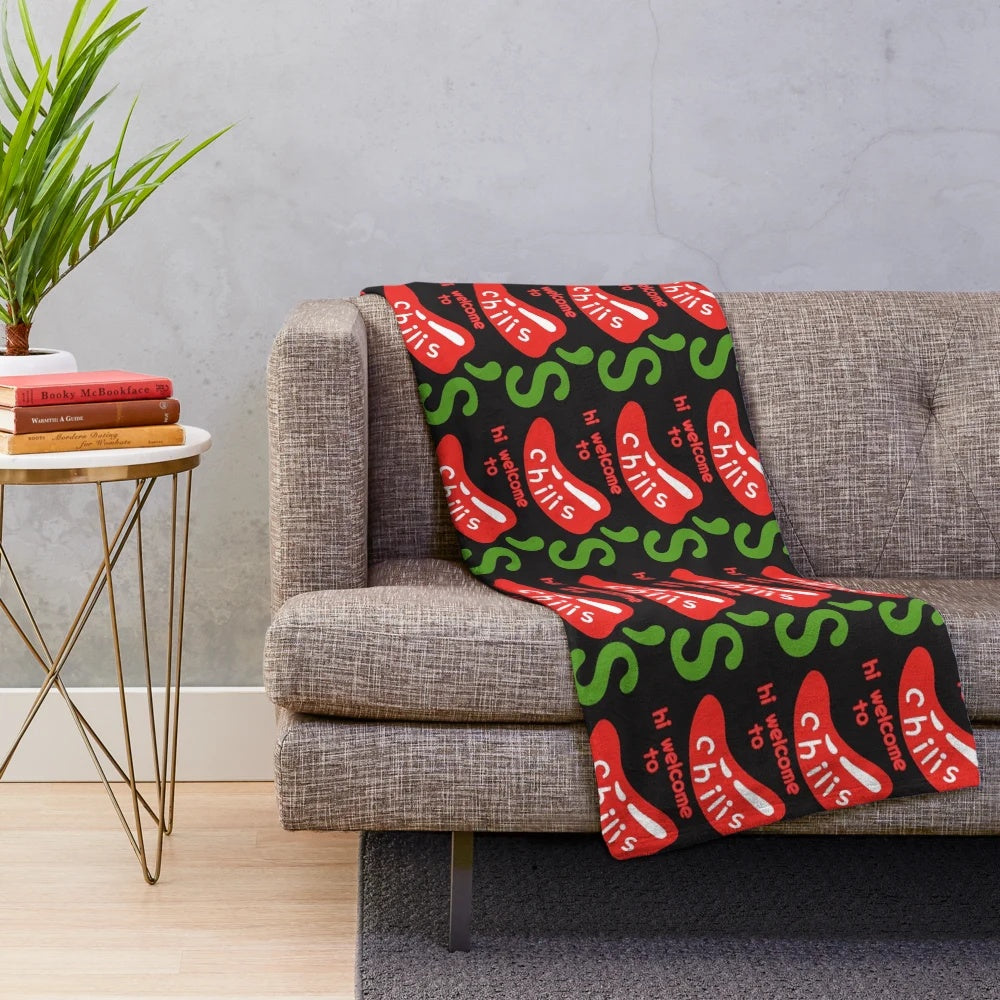 Hi Welcome to Chili's" themed plush blanket