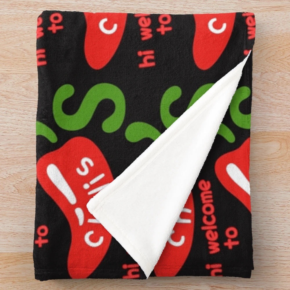 Hi Welcome to Chili's" themed plush blanket