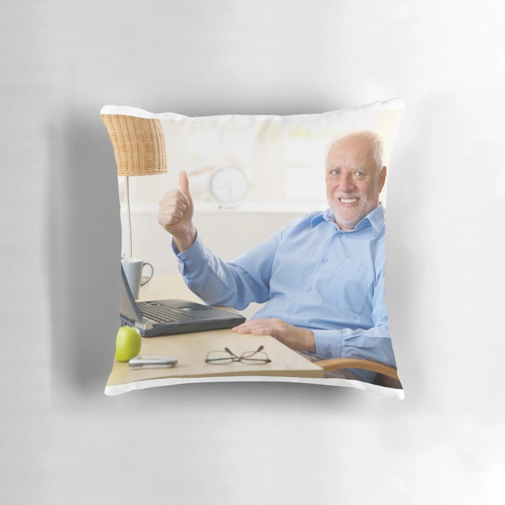 Hide the Pain Harold" meme printed on a plush pillow