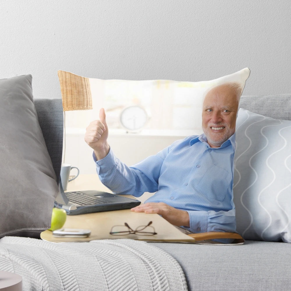 Hide the Pain Harold" meme printed on a plush pillow