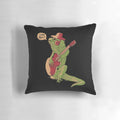 Colorful decorative pillow featuring a funny iguana playing a guitar, perfect for animal lovers and home decor enthusiasts.