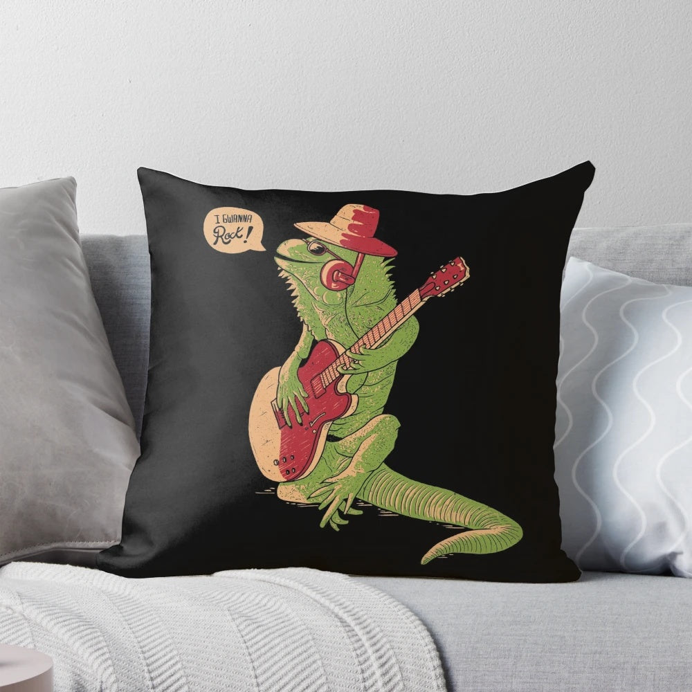Colorful decorative pillow featuring a funny iguana playing a guitar, perfect for animal lovers and home decor enthusiasts.
