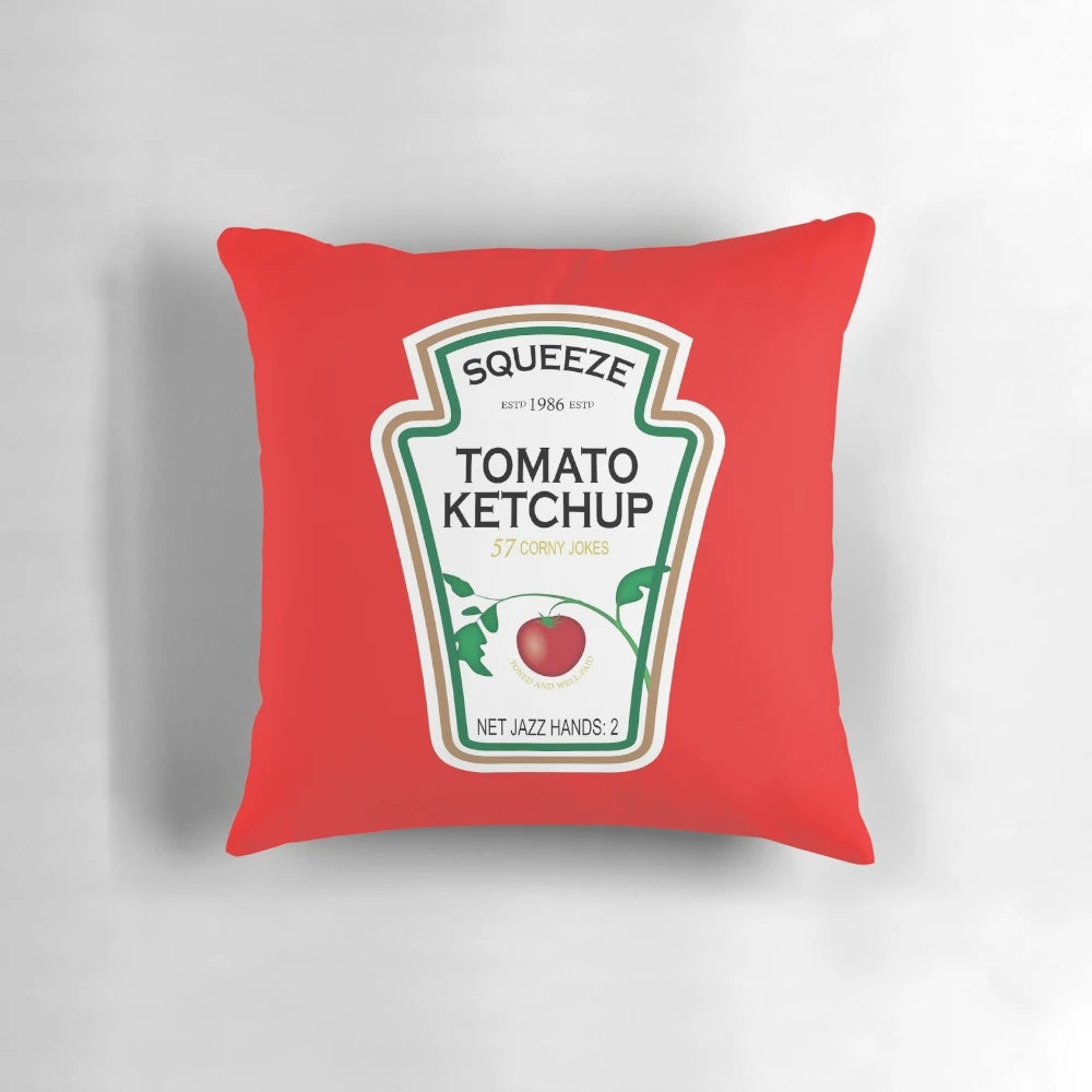 "Funny ketchup label costume pillow, perfect for Halloween or couple's costumes"