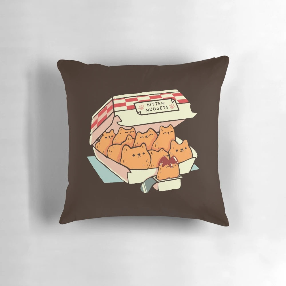 Whimsical pillow depicting a cat made of fast food nuggets, designed by artist Tobe Fonseca
