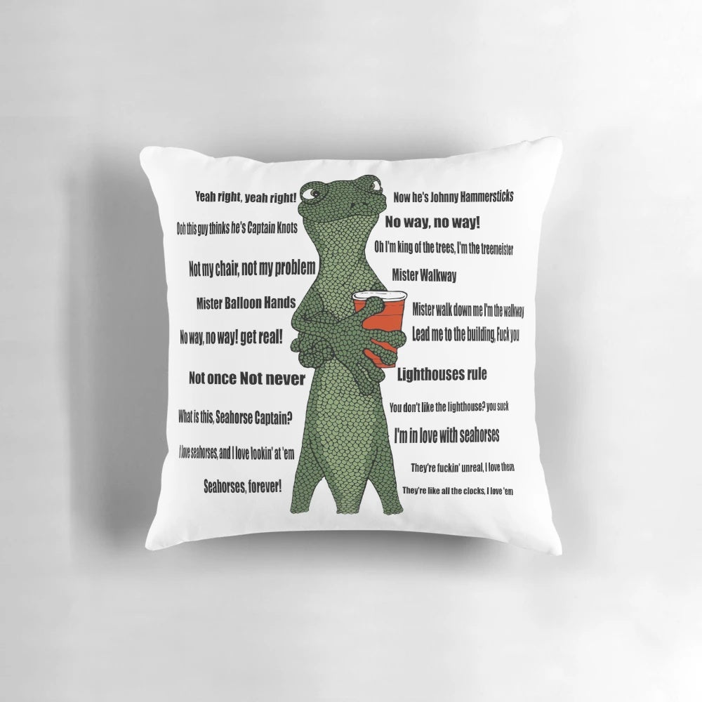 Vibrant and humorous pillow featuring popular lizard quote design from viral "Drinking Out of Cups" video.