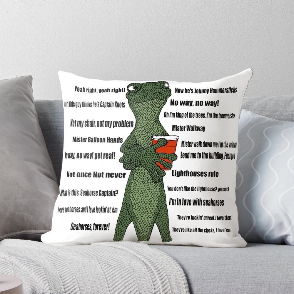 Vibrant and humorous pillow featuring popular lizard quote design from viral "Drinking Out of Cups" video.