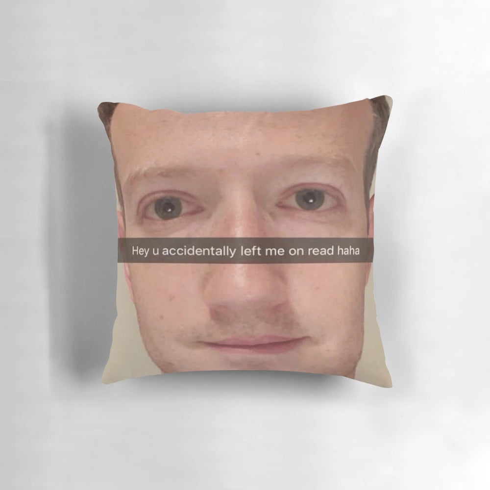 Mark Zuckerberg Snapchat meme printed on a plush pillow