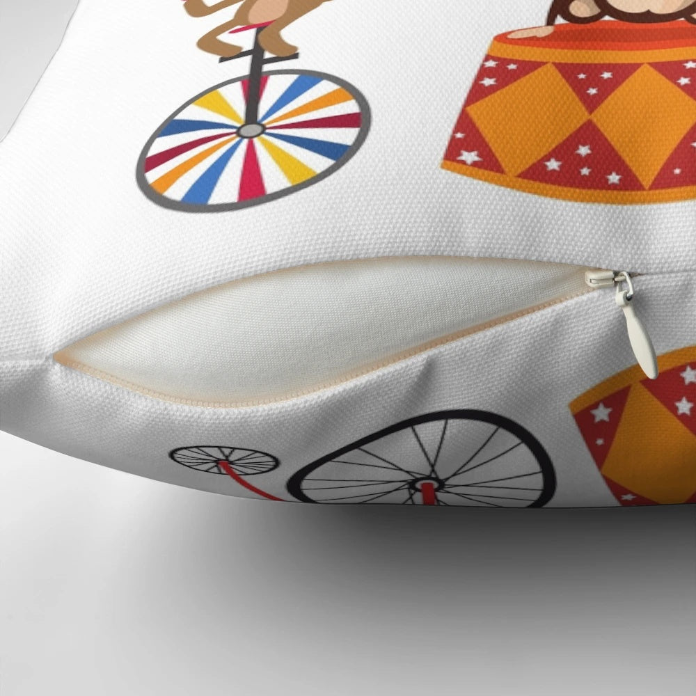 Decorative throw pillow with a "Not My Circus" meme design featuring cartoon monkeys in a circus setting.