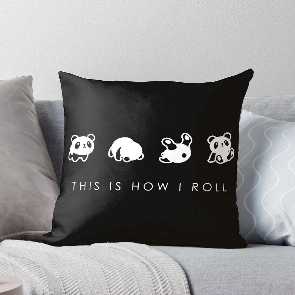 Minimalist abstract panda pillow with the text "THIS IS HOW I ROLL"