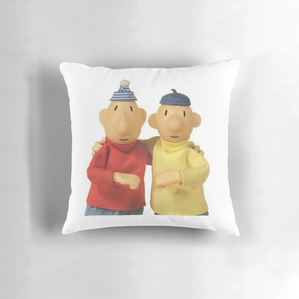 Colorful pillow design featuring the cartoon characters Pat and Mat