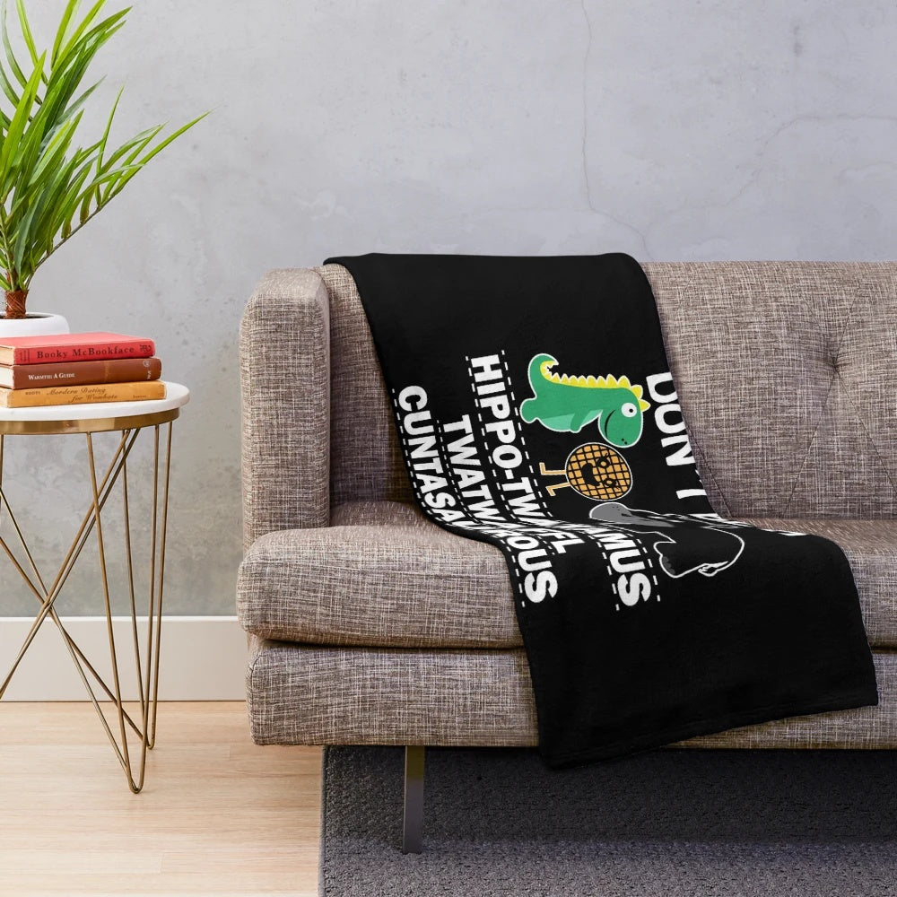 Funny plush blanket featuring a hippo and a dinosaur with humorous text