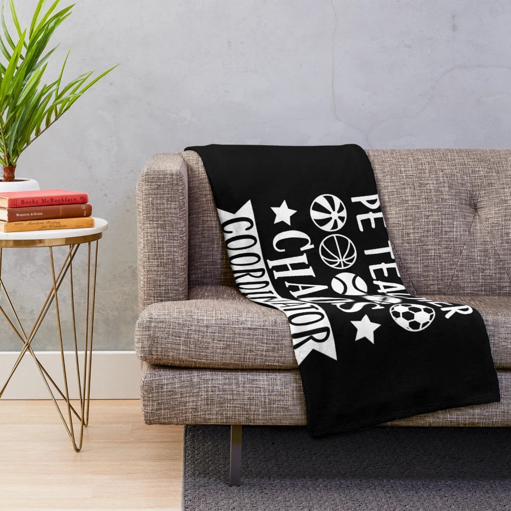 Plush blanket with text "PE Teacher Chaos Coordinator" design for physical education teachers and coaches