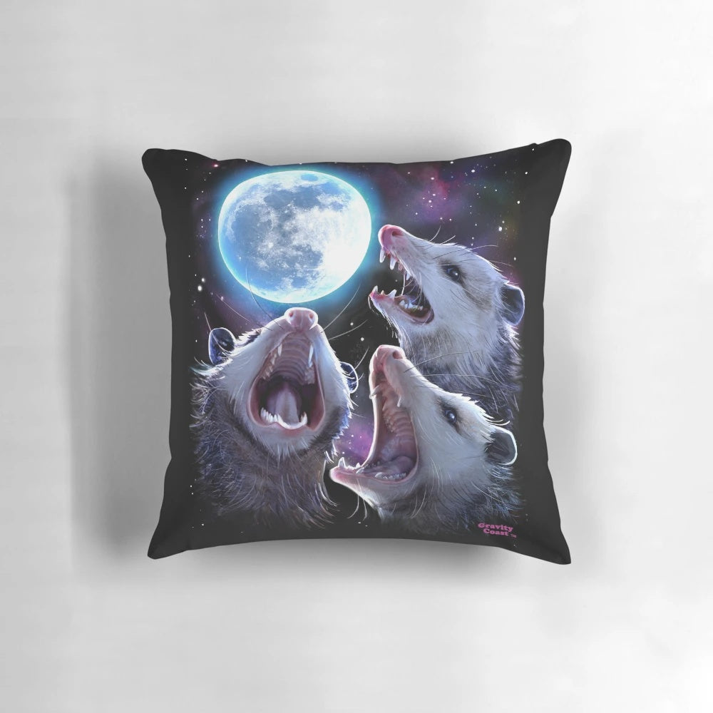 Three opossums howling at the moon on a funny possum t-shirt pillow