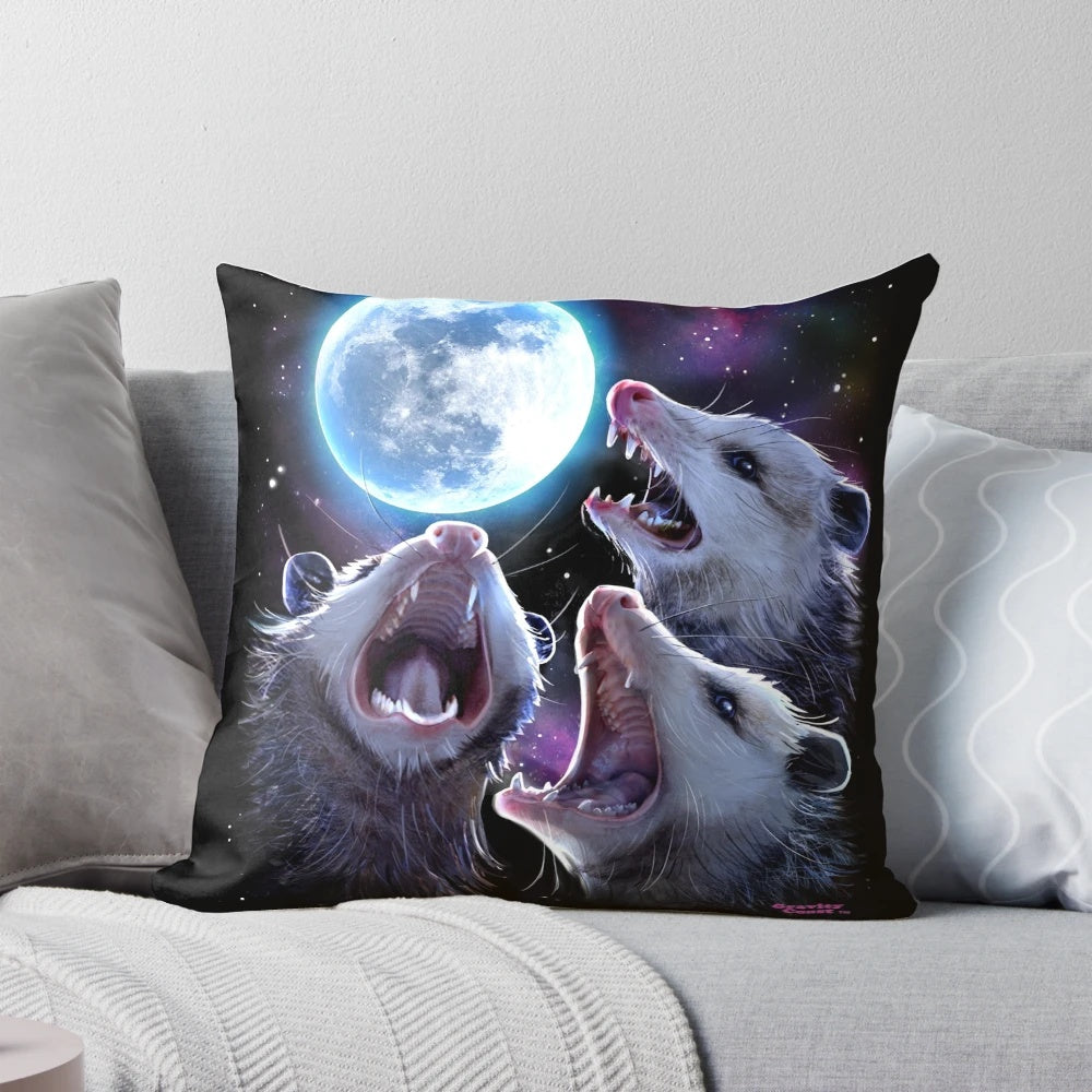 Three opossums howling at the moon on a funny possum t-shirt pillow