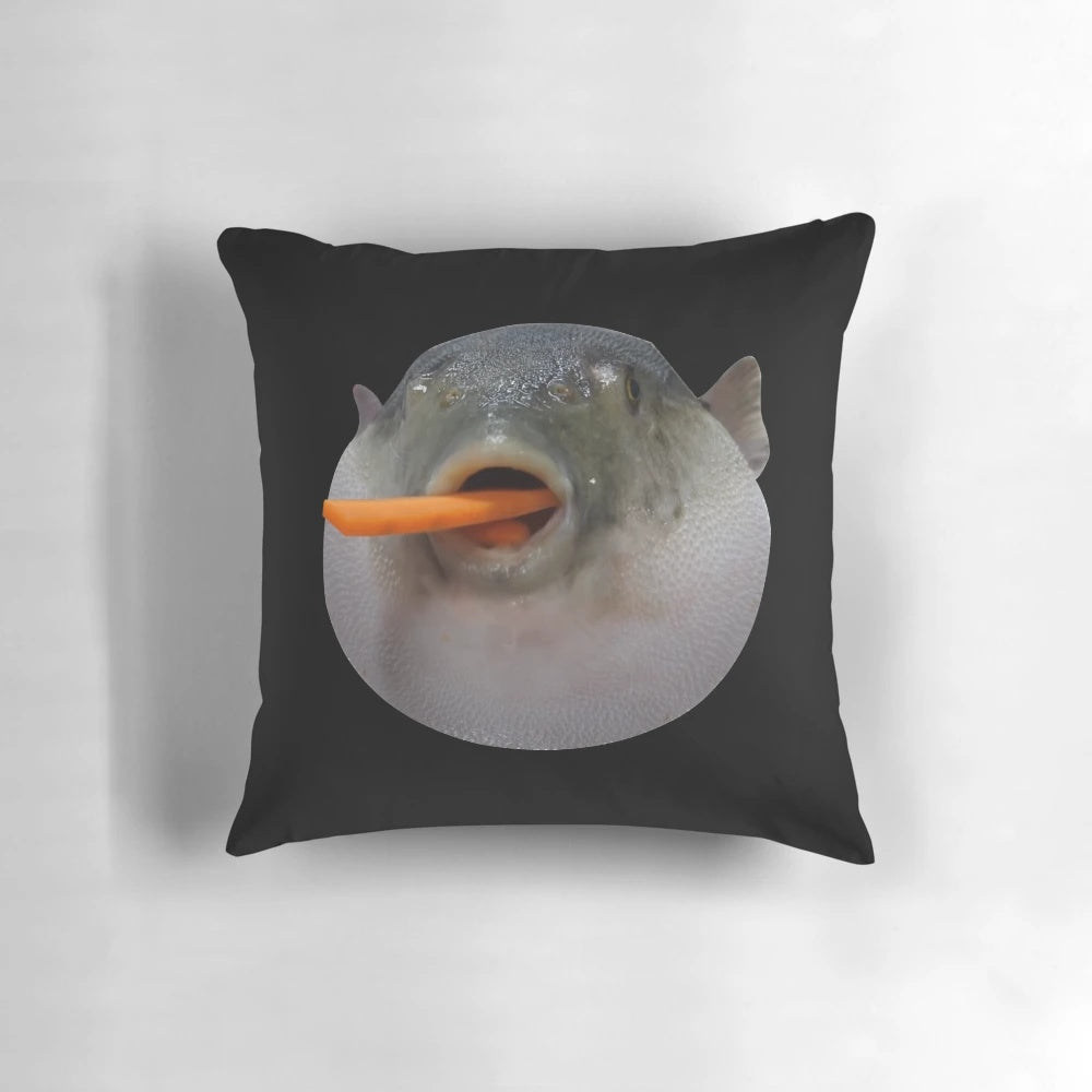 Puffer fish meme accent pillow with the text "augh" on a decorative cushion