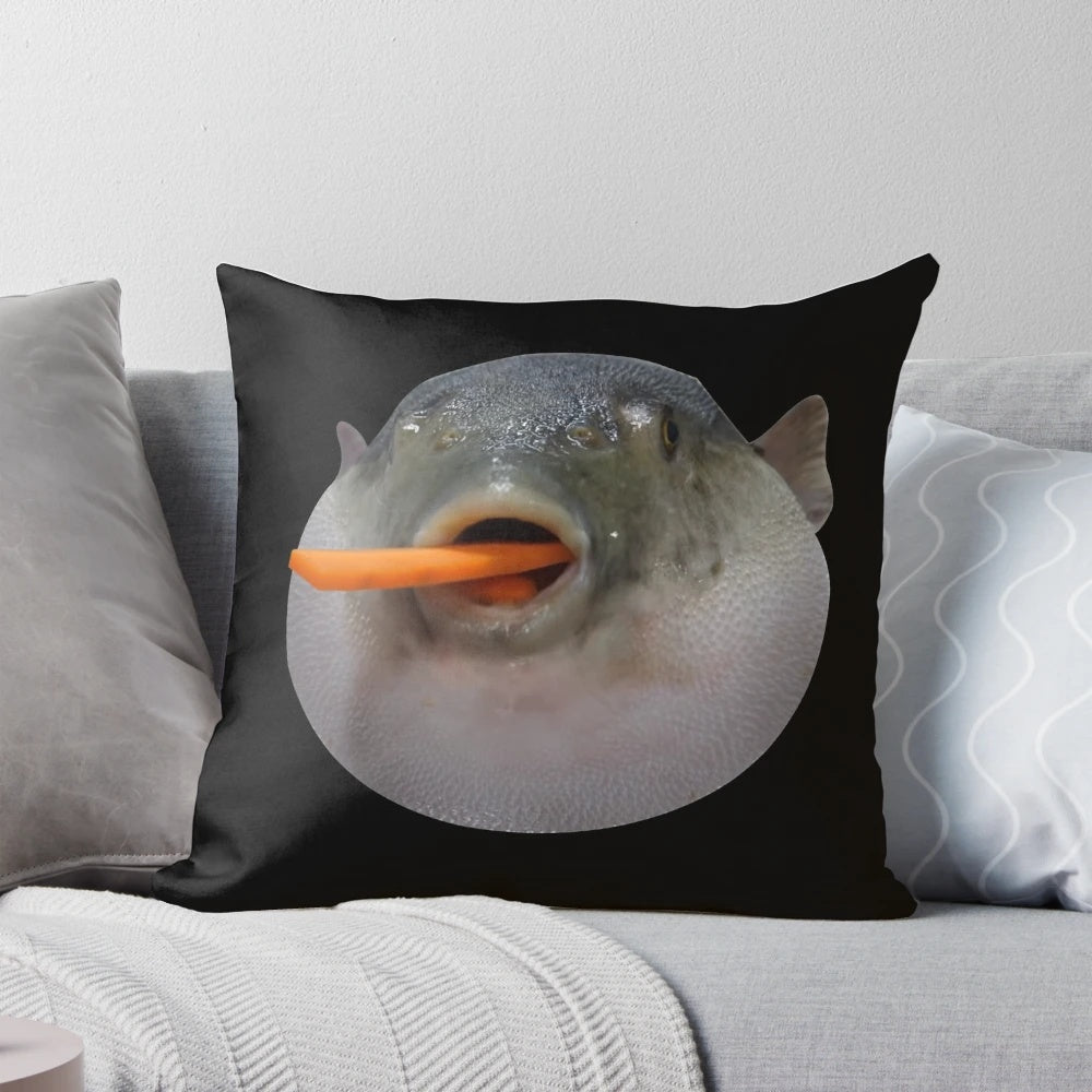 Puffer fish meme accent pillow with the text "augh" on a decorative cushion