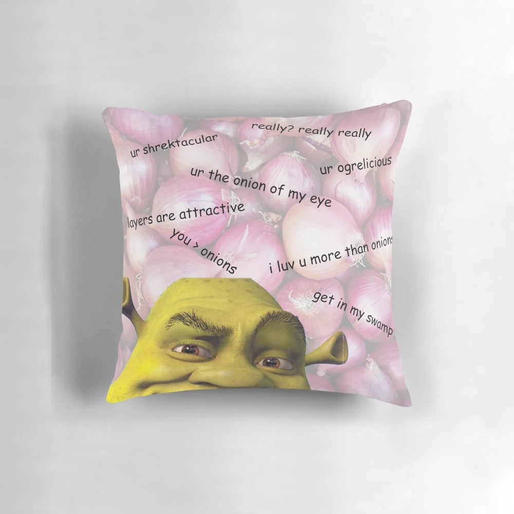 Shrek-themed valentines day pillow with comic sans text and humor